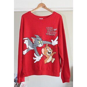 Tom and Jerry Cartoon Sweatshirt, Cotton Blend - Red - XL (Hanna Barbera Chars)